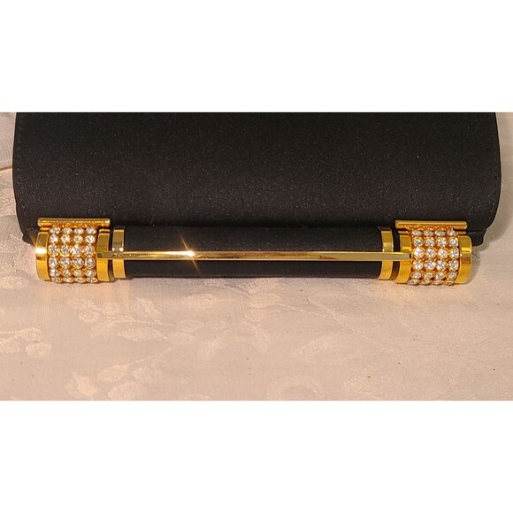 VINTAGE RODO Italy Black Satin Evening Clutch Rhinestone Crystal Clasp Minaudier - Picture 14 of 16